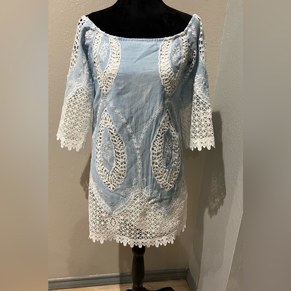 Lucy Paris Light Blue and White Lace Tunic Dress